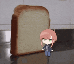 a cartoon girl is standing next to a slice of bread