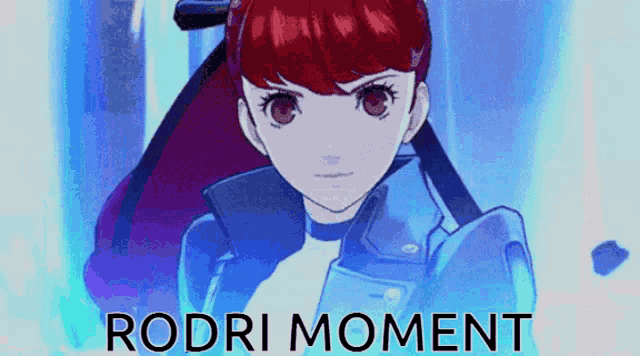 a girl with red hair is standing in front of a blue background with the words rodri moment written below her .