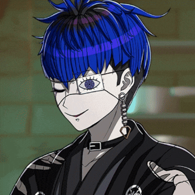 a drawing of a person with blue hair wearing glasses and a choker