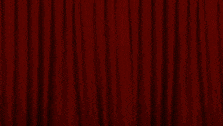 a cartoon character is standing on a stage with a red curtain behind him