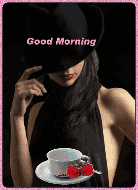 a picture of a woman with a cup of coffee and the words good morning on it