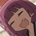 a close up of a cartoon character with pink hair making a funny face