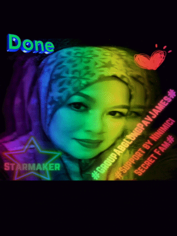 a picture of a woman with a rainbow background and the word done