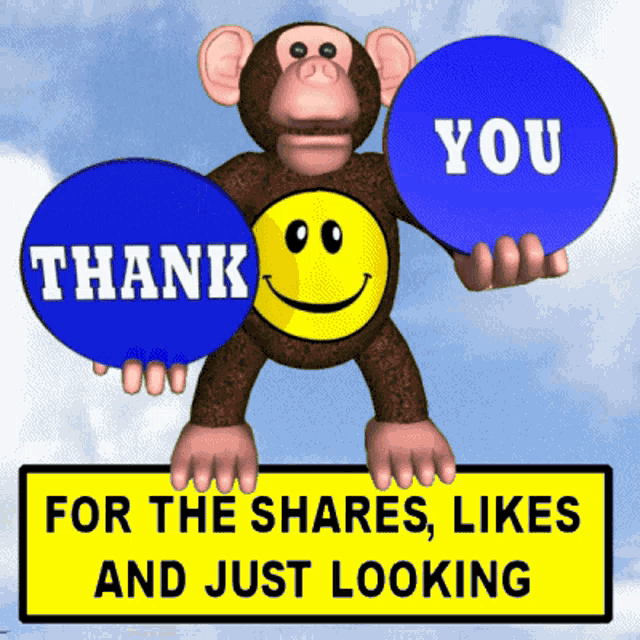 a chimpanzee holding a thank you sign and a smiley face