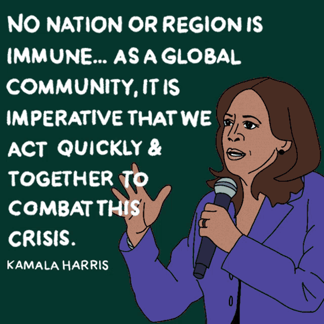 a cartoon of kamala harris speaking into a microphone with a green background