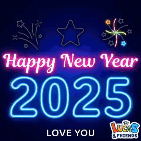 a neon sign that says `` happy new year 2025 '' with fireworks .