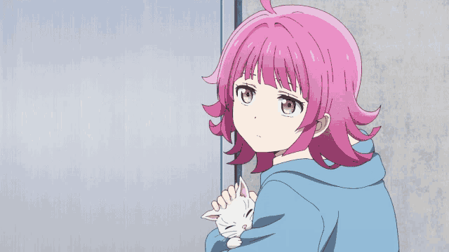 a girl with pink hair is holding a small white cat