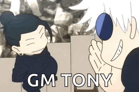 a cartoon of two people standing next to each other with the words `` gm tony '' written on it .