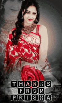a woman in a red saree is holding a red rose in front of a sign that says " thanks from prisma "