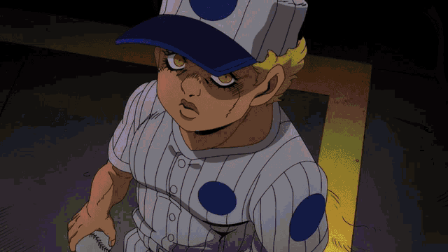 a cartoon character wearing a baseball uniform with blue polka dots and a blue hat