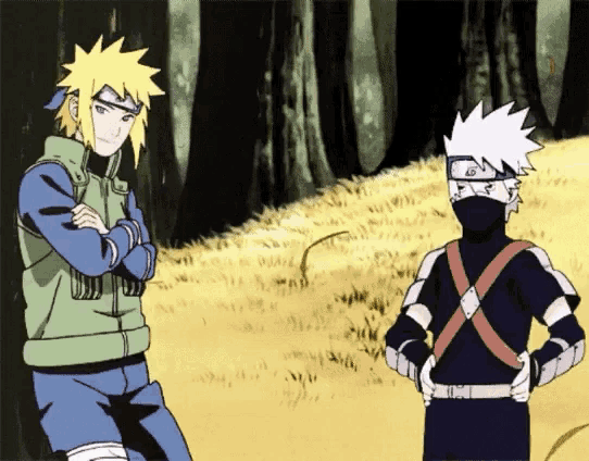 two anime characters are standing next to each other in the grass