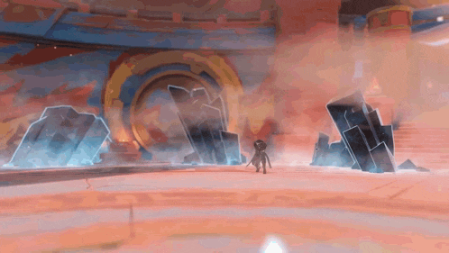 a cartoon character is standing in a room with a lot of rocks