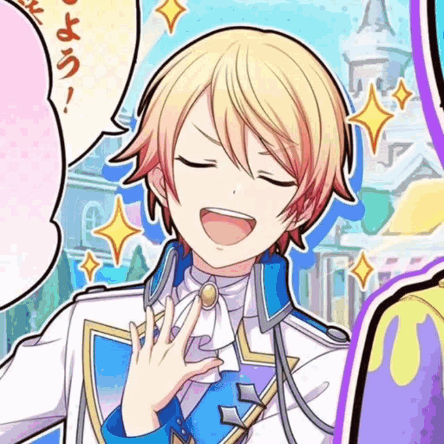 a boy with blonde hair is wearing a blue and white outfit and smiling .
