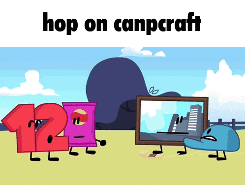 a cartoon with the words hop on canpcraft