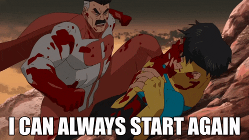 a cartoon of a man fighting another man with the words i can always start again