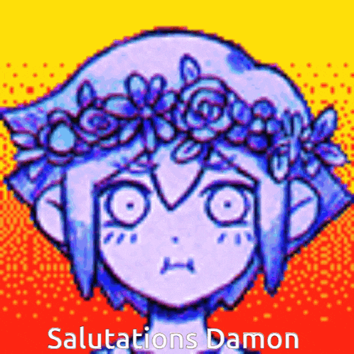 a pixel art drawing of a girl with flowers in her hair and the words salutations damon on the bottom