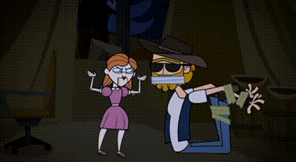 a cartoon of a woman standing next to a man with his mouth taped shut .