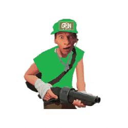 a man in a red shirt is holding a gun and wearing a red hat .