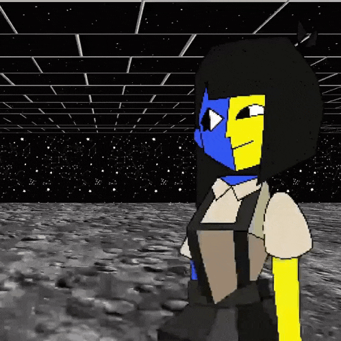 a pixel art drawing of a girl with a yellow and blue face
