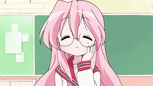 a girl with pink hair and glasses is smiling