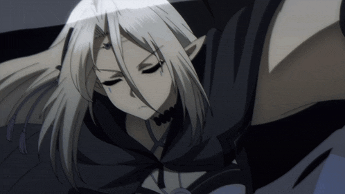 a cartoon character with long white hair and a choker around her neck