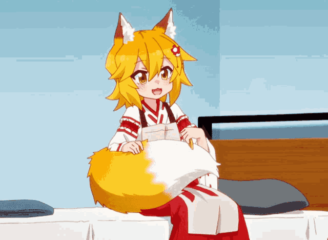 a girl with a fox tail is sitting on a bed in a room
