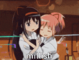 a couple of anime girls hugging each other with the words millish written on the bottom