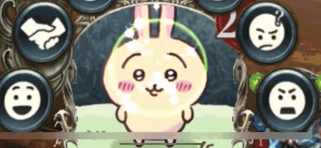 a cartoon rabbit is surrounded by icons including a handshake and a angry face
