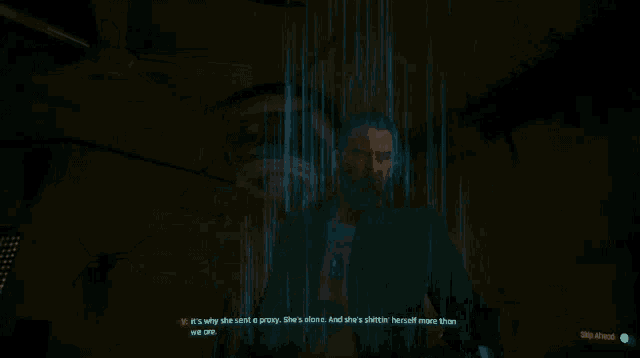 a screenshot of a video game shows a man with a beard and says it 's why she sent a proxy
