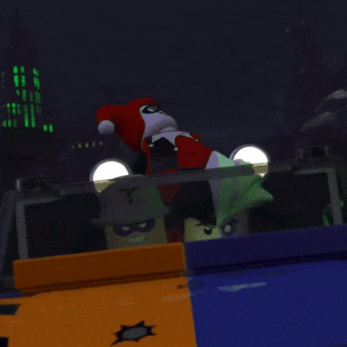 harley quinn and the joker are driving a car