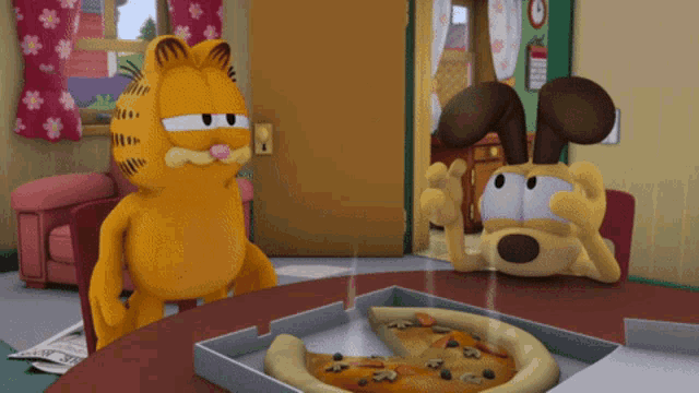 garfield and snoopy sit at a table eating pizza