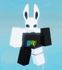 a white bunny is wearing a black shirt with the word gay on it