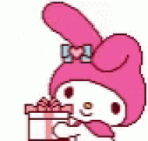 a pixel art illustration of my melody holding a gift box with a mouse coming out of it .