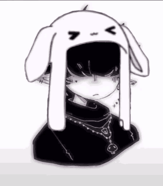 a drawing of a person wearing a bunny hat and a necklace .
