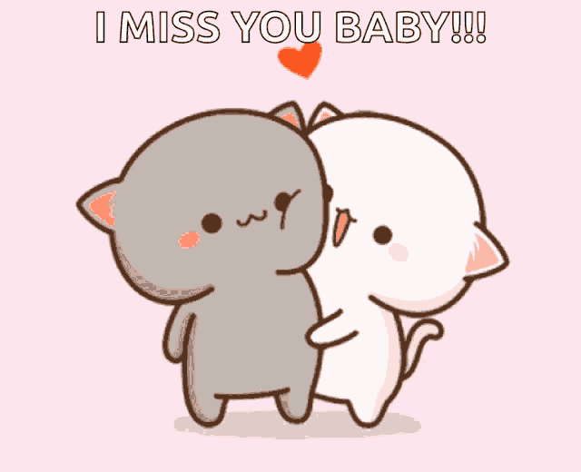 a couple of cartoon cats hugging each other with the words i miss you baby