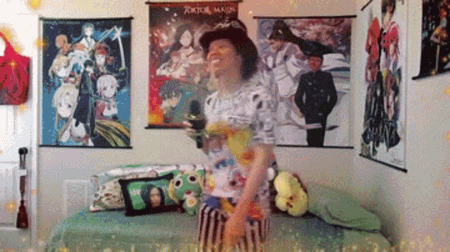 a person in a room with posters on the wall including one that says doctor mason