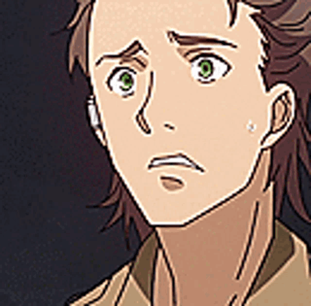 a close up of a cartoon character 's face with a surprised look on his face
