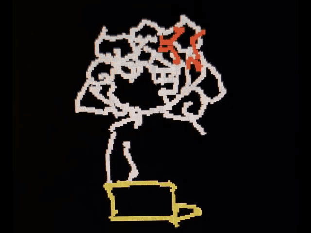a computer generated image of a maze with a yellow arrow pointing to a yellow box