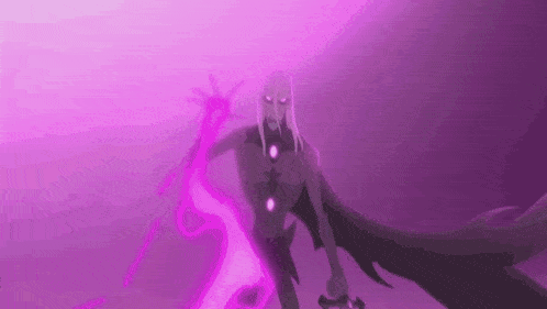 a cartoon character is holding a sword and a purple light is shining on him .