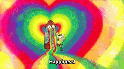 a cartoon character is standing in a heart shaped tunnel with the words `` happiness '' .