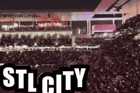 a crowd of people in a stadium with stl city written in white letters