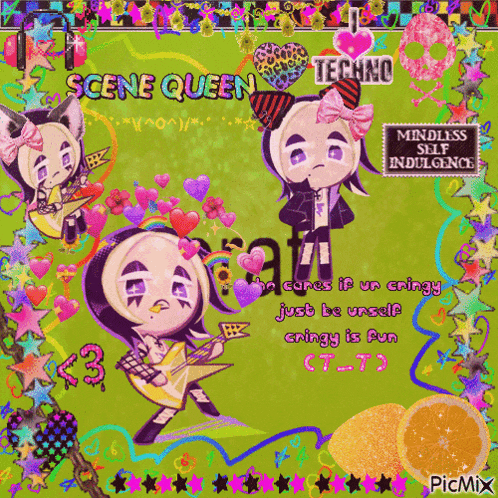 a picture of a scene queen is surrounded by hearts and stars