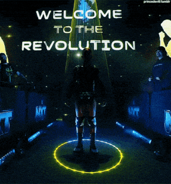 a wrestler is standing in a circle with the words welcome to the revolution behind him