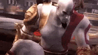 a video game character , god of war , is standing next to another character .