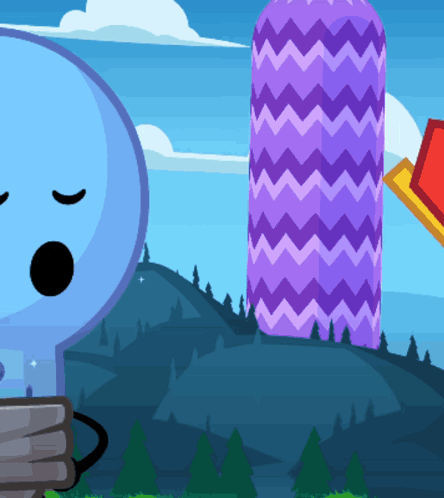 a blue cartoon character is standing next to a purple chevron striped tower