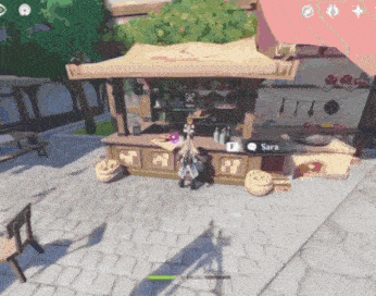 a screenshot of a video game shows a character named sara standing in front of a counter