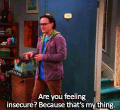a man standing in front of a door with the words are you feeling insecure because that 's my thing below him