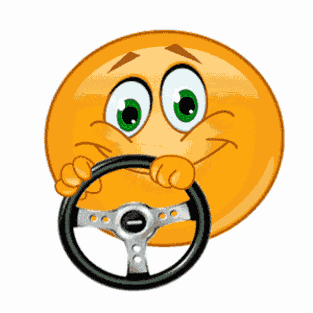 an orange smiley face is holding a steering wheel