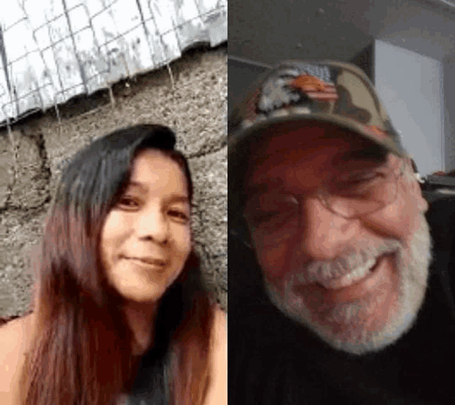 a man and a woman are smiling for the camera . the man is wearing a hat with an eagle on it .