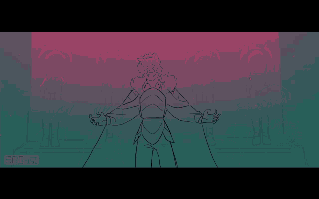 a drawing of a man in a cape with his arms outstretched in front of a pink and green background .